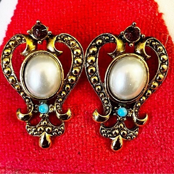 1928 Jewelry - 1928 Victorian Style Earrings Gold-Tone Faux Pearl Rhinestone Royal Regal Vtg
